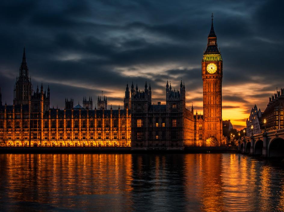 London skyline at dusk with Big Ben and the Houses of Parliament